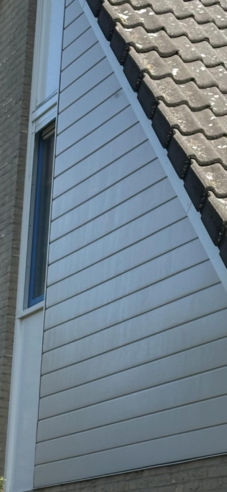 Goot en gevel van een huis met dakpannen.