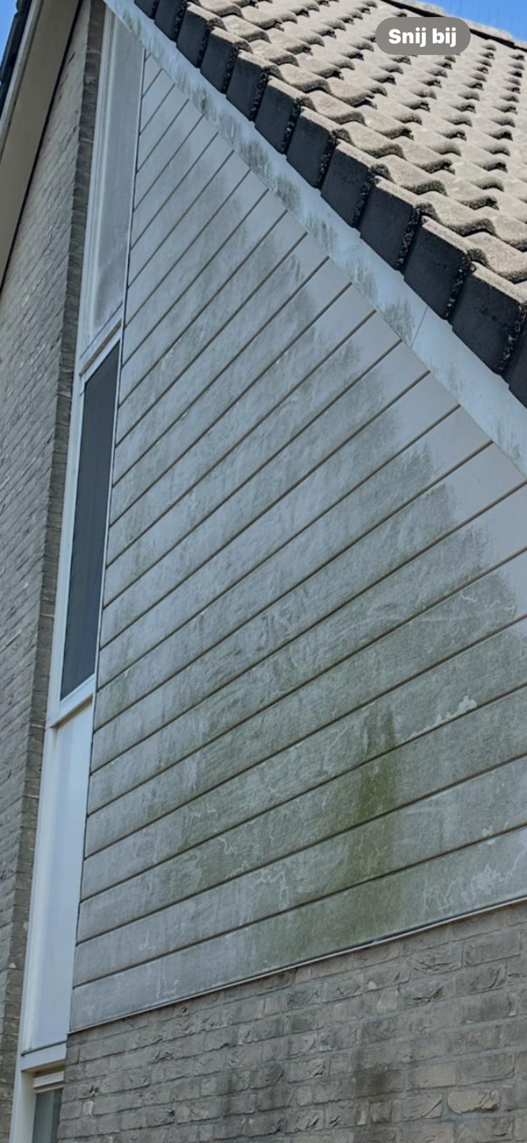 Zijmuur met schuin dakbedekking en groene aanslag